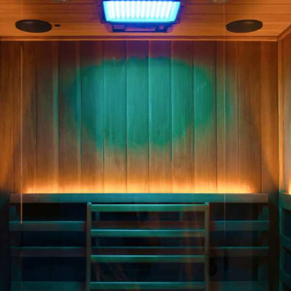 Blue and gold lighting inside the Clearlight Sauna