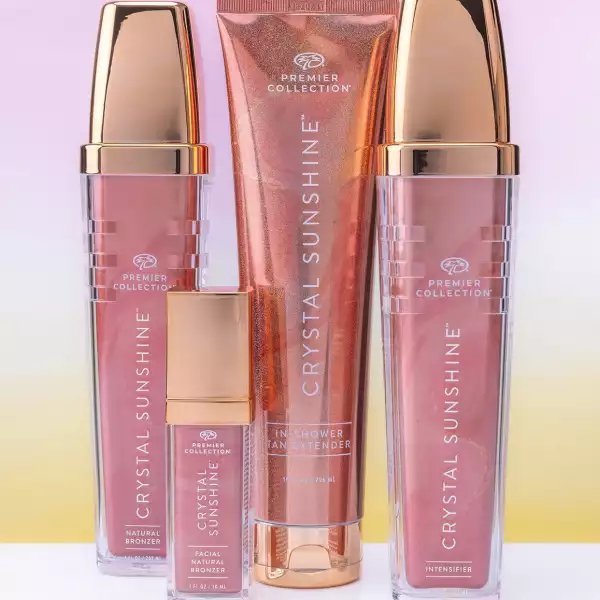 Crystal Sunshine spray tan solution product bottle displayed against a clean background, highlighting professional sunless tanning formulation and packaging.