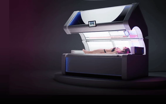 Distant view of a woman laying in an open sunbed