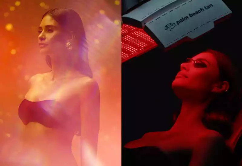 Side-by-side images of women in spa treatments: one woman stands wearing a bikini top while receiving a glowing spray tan in warm, misty lighting; the other lies back under a red light therapy panel, her face illuminated by deep red light in a wellness setting.